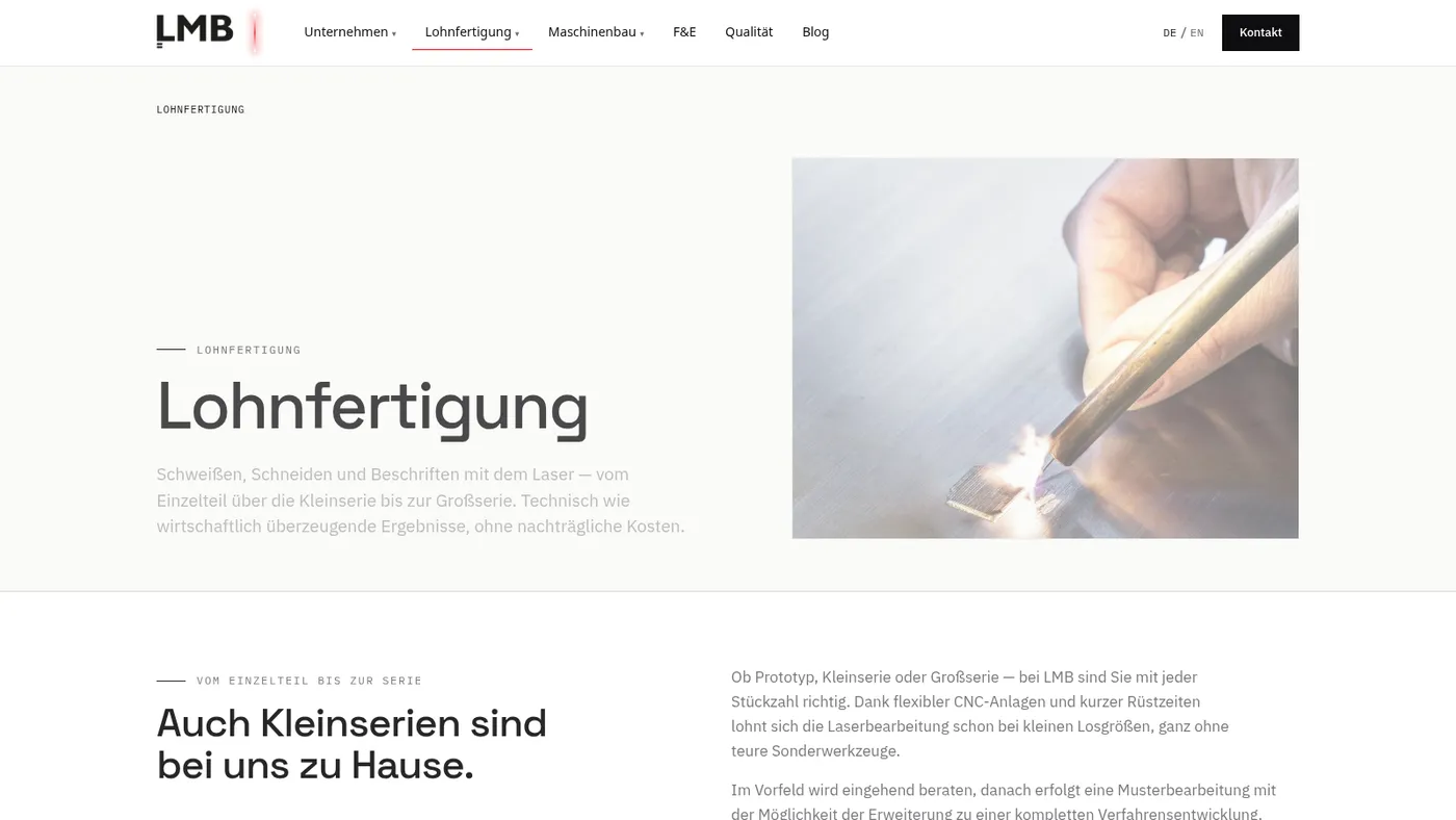 LMB-Gruppe contract manufacturing page: light layout with a large heading and a laser photo