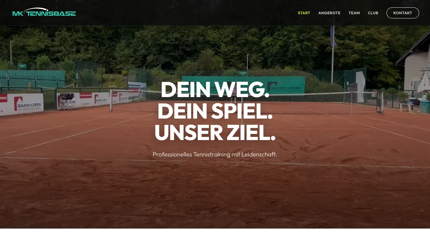 MK Tennisbase home page: clay court photo with the line “Dein Weg. Dein Spiel. Unser Ziel.”